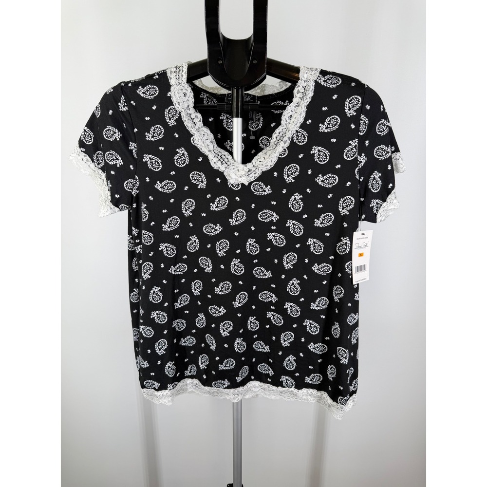 Rene Rofe Sleepwear Top Small Black White Paisley Lace Trim V-Neck Pajama Shirt